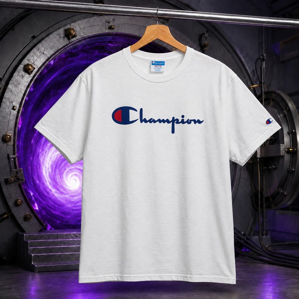 Champion Script Logo White Tee Shirt Mens Medium Short Sleeve C Patch Graphic‎